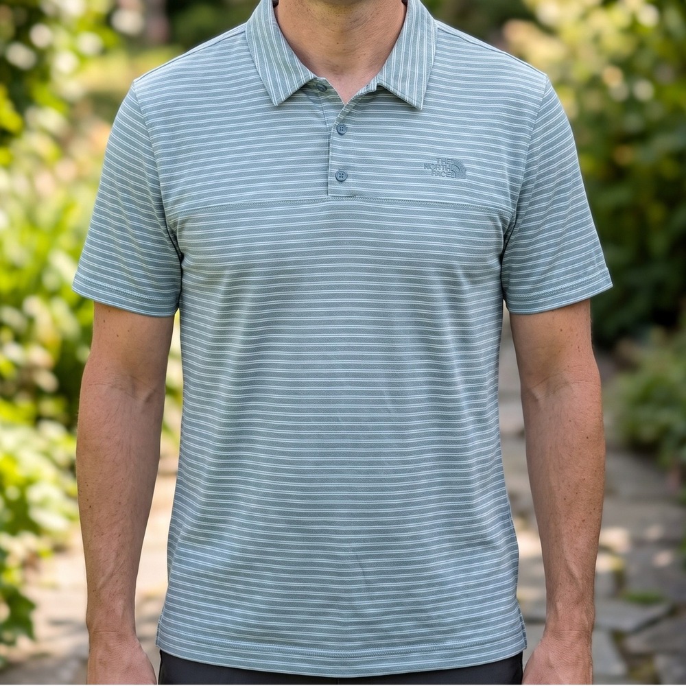 The North Face Mens Striped Polo Shirt Blue Grey Short Sleeve Logo L
